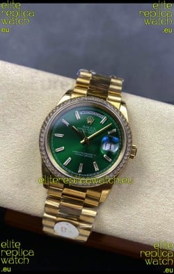 Rolex Day Date Super Clone Yellow Gold Green Dial Crystal Numerals Watch 36MM - 1:1 Mirror Quality