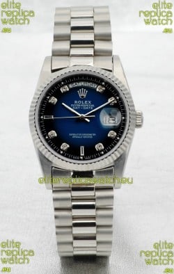 Rolex Day Date Silver Swiss Replica Watch in Blue Dial