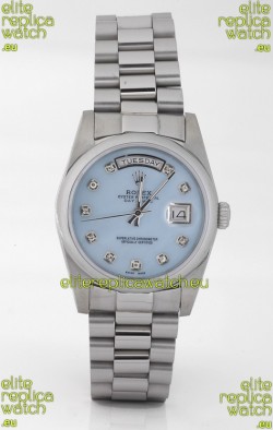 Rolex Day Date Silver Swiss Replica Watch in Mother Of Pearl Blue Dial