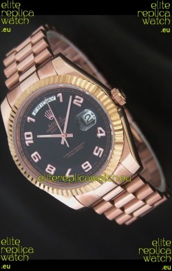 Rolex Day Date Swiss Replica Steel Watch in Black Dial
