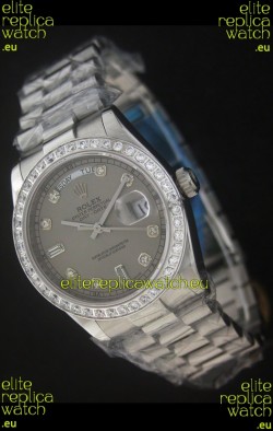 Rolex Day Date Just swiss Replica Grey Watch in Full Diamond Bezel