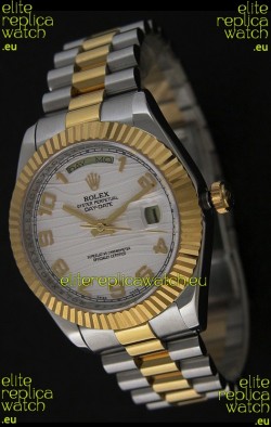 Rolex Day Date Just swiss Replica Two Tone Gold Watch in White Stripe Pattern Dial